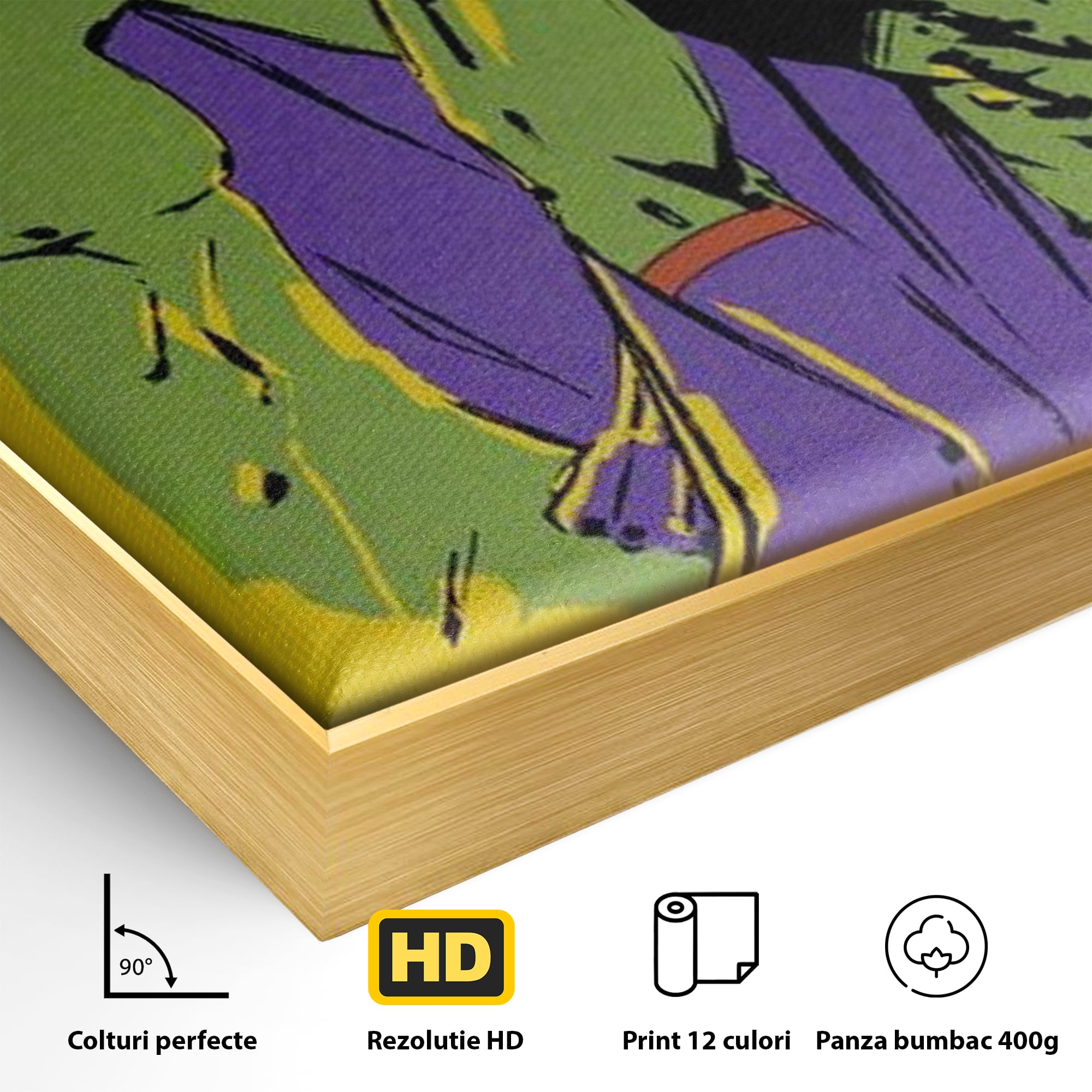 Detaliu al suprafetei: tablou canvas cu doi supereroi pe fundal galben, in rama de aluminiu auriu